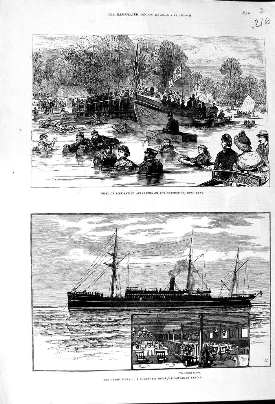 Original Old Antique Print 1883 Union Steam Ship Company Royal Mail Ship Tartar
