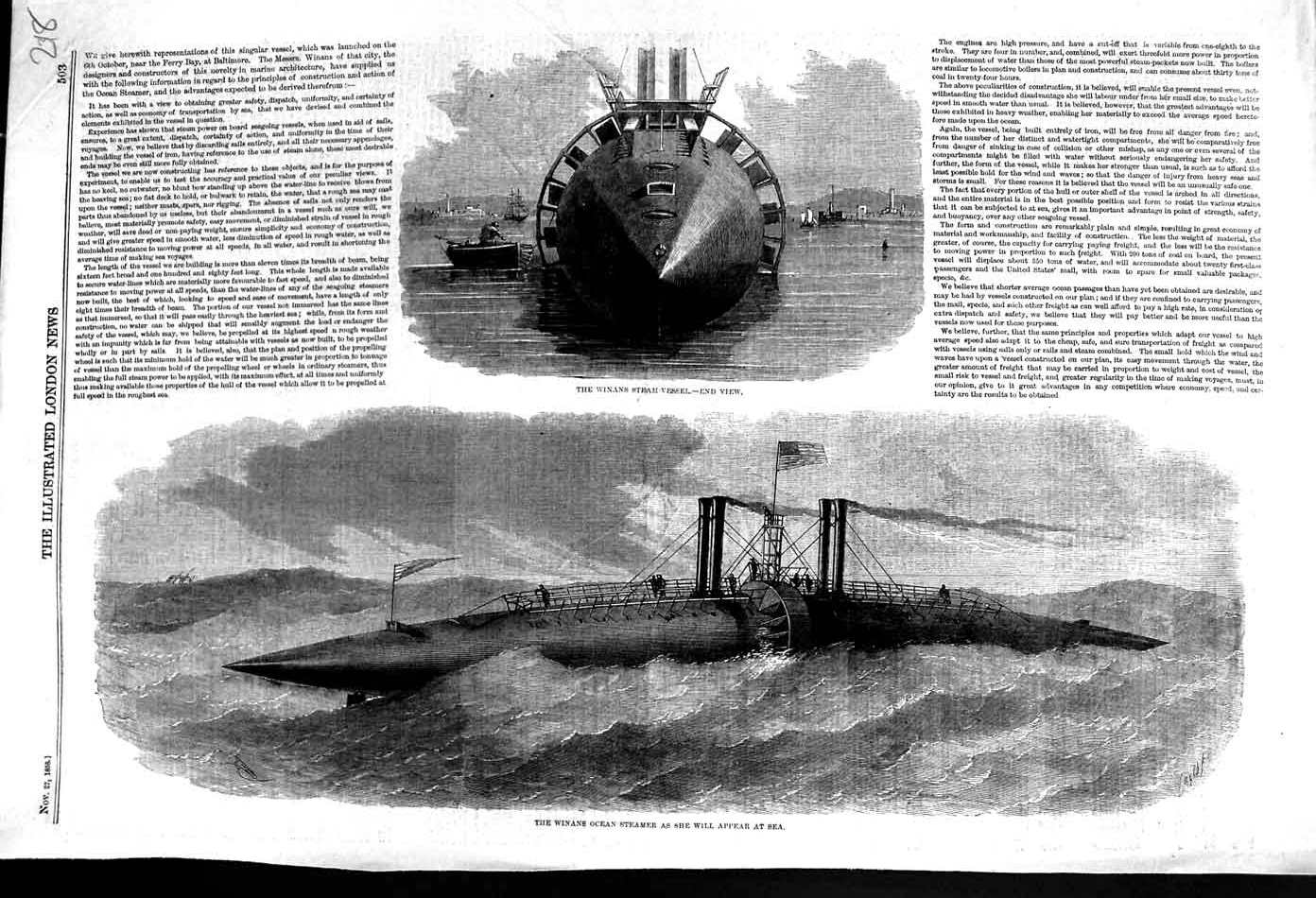 Original Old Antique Print 1858 Winans Steam Vessel Ocean Steamer Submarine War