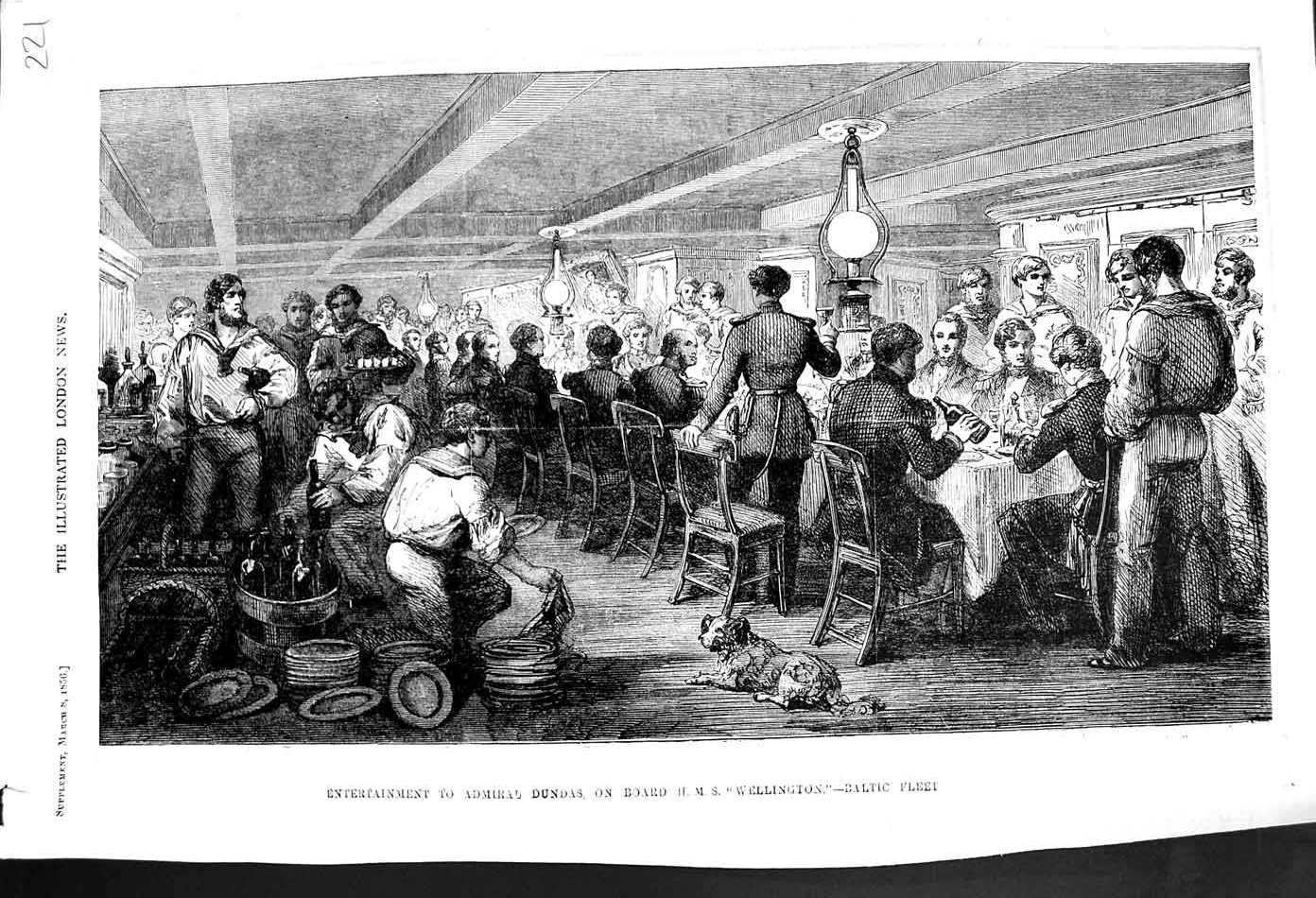 Old Antique Print 1856 Entertainment Admiral Dundas Ship Wellington War 19th