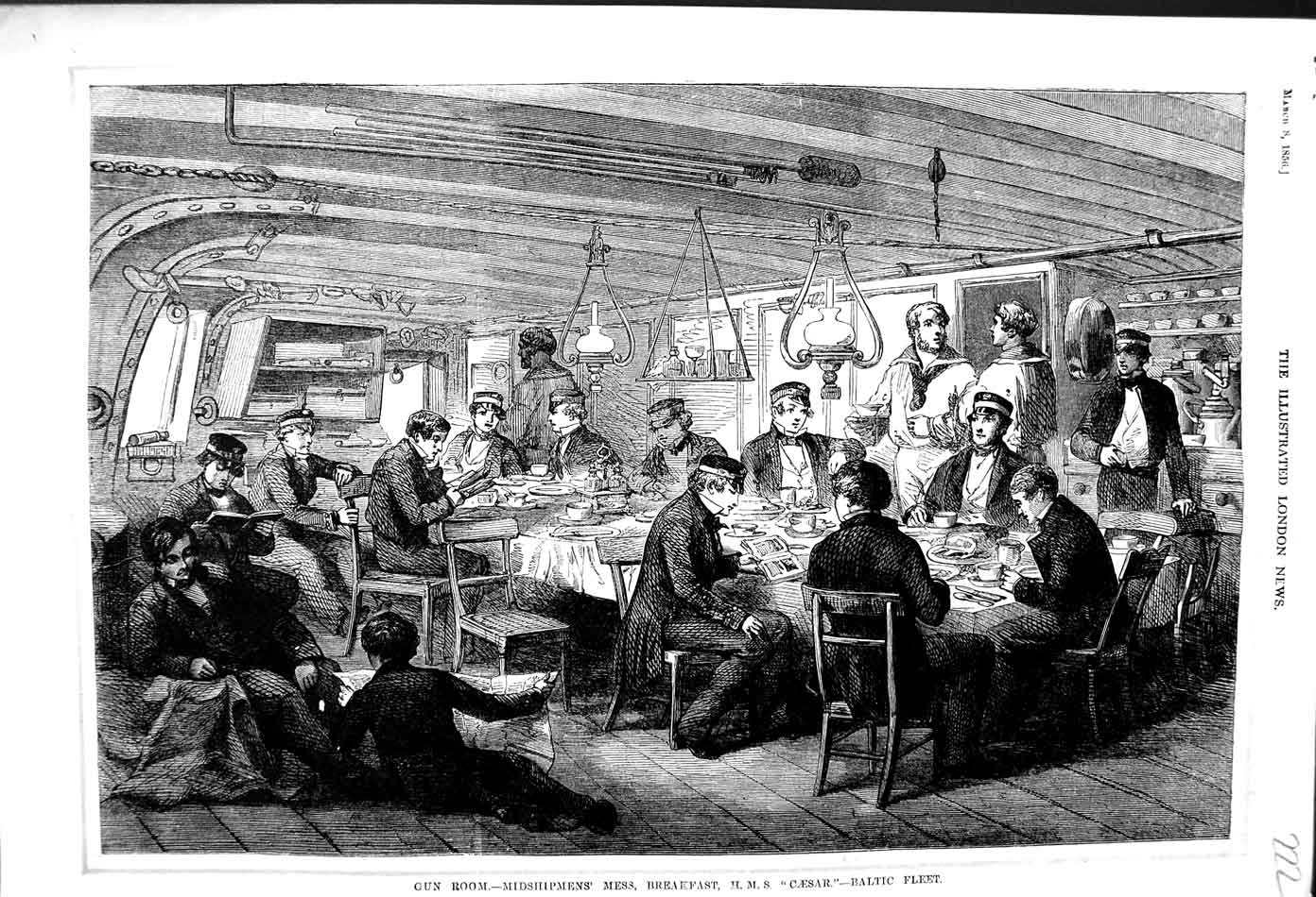 Original Old Antique Print 1856 Gun Room Midshipmen Mess Breakfast Ship Caesar