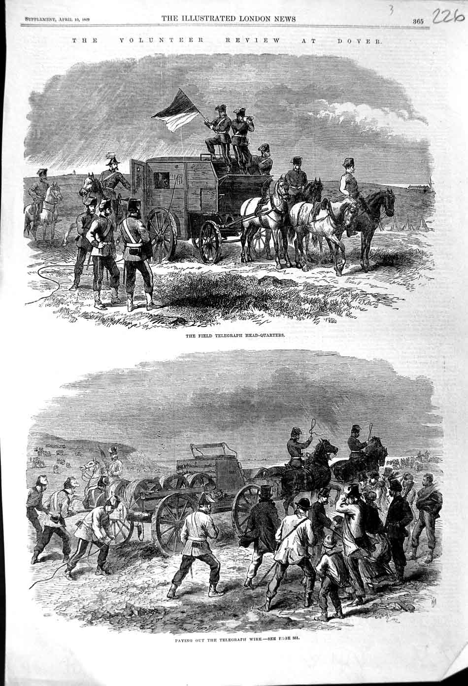 Original Old Antique Print 1869 Volunteer Review Dover Field Telegraph Horses