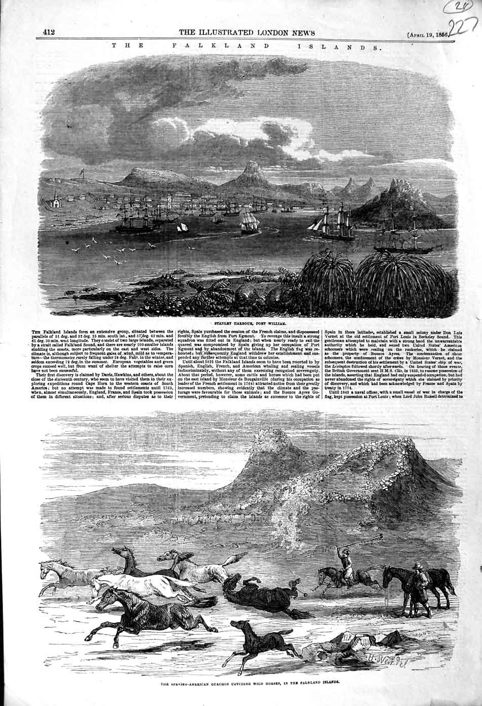 Old Antique Print 1856 Falkland Islands Stanley Harbour William Guachos 19th