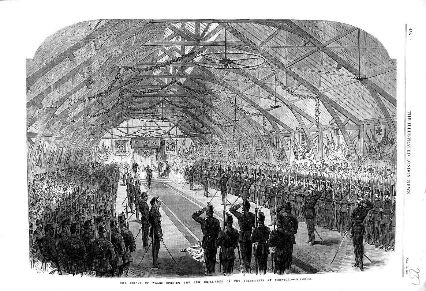 Original Old Antique Print 1866 Prince Wales Drill-Shed Siers Volunteer Norwich
