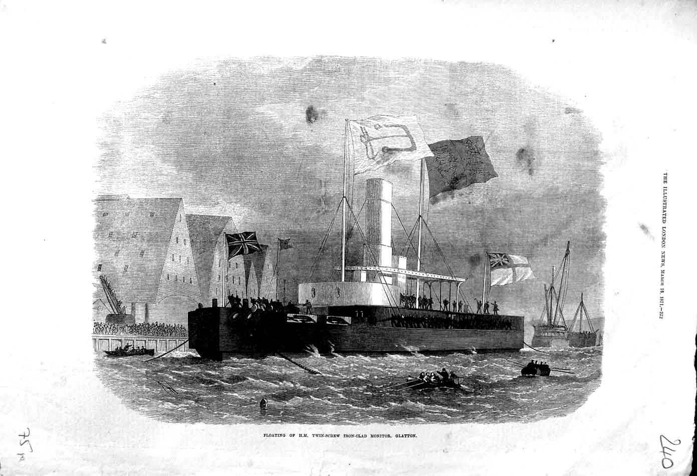 Old Antique Print 1871 Floating Twin Screw Ship Iron-Clad Monitor Glatton 19th