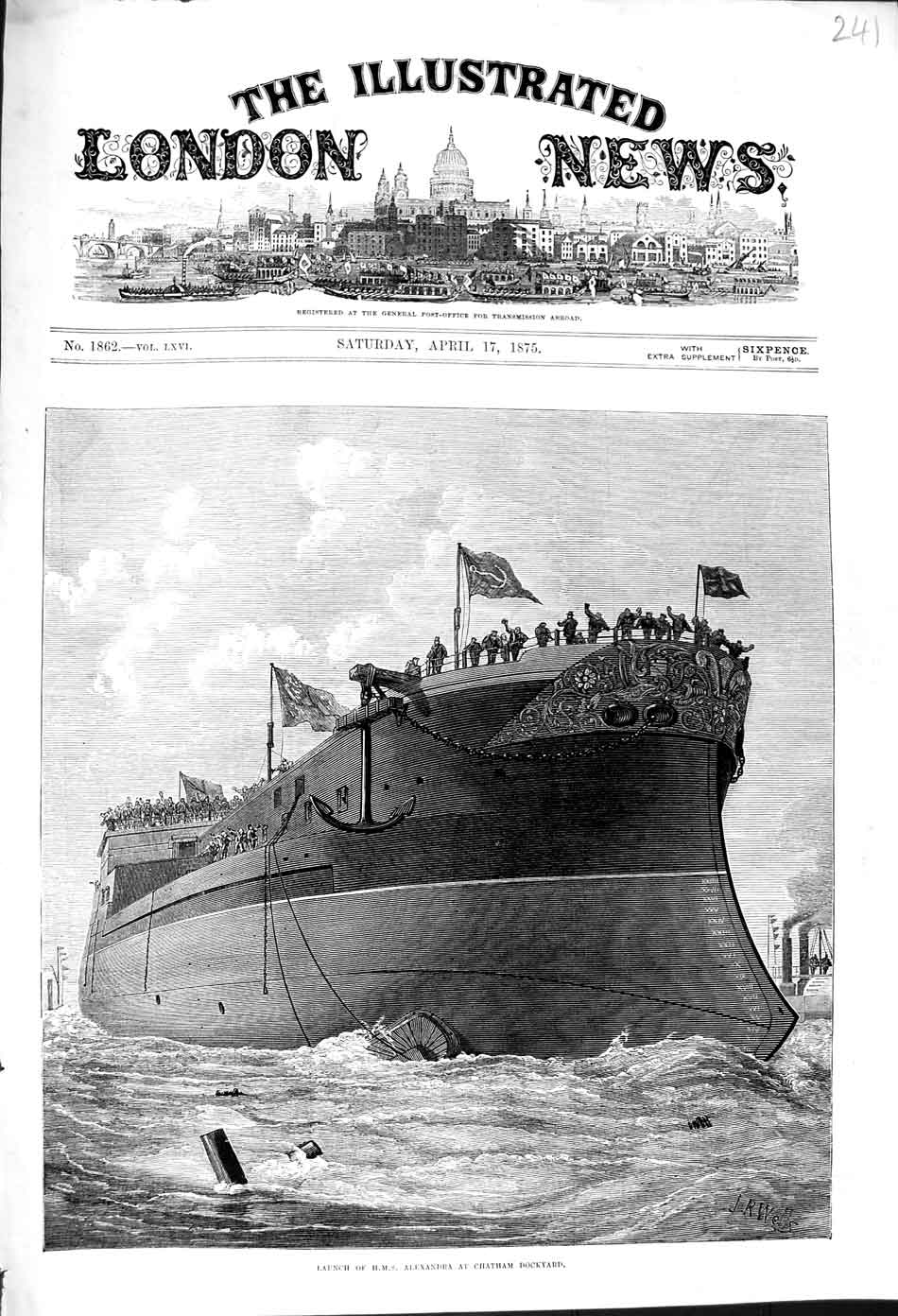 Original Old Antique Print 1875 Launch H.M.S Alexandra Ship Chatham Dockyard