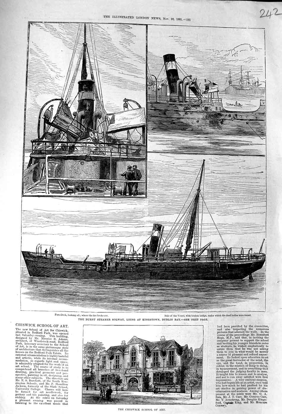 Original Old Antique Print 1881 Chiswick School Art Burnt Steamer Ship Solway