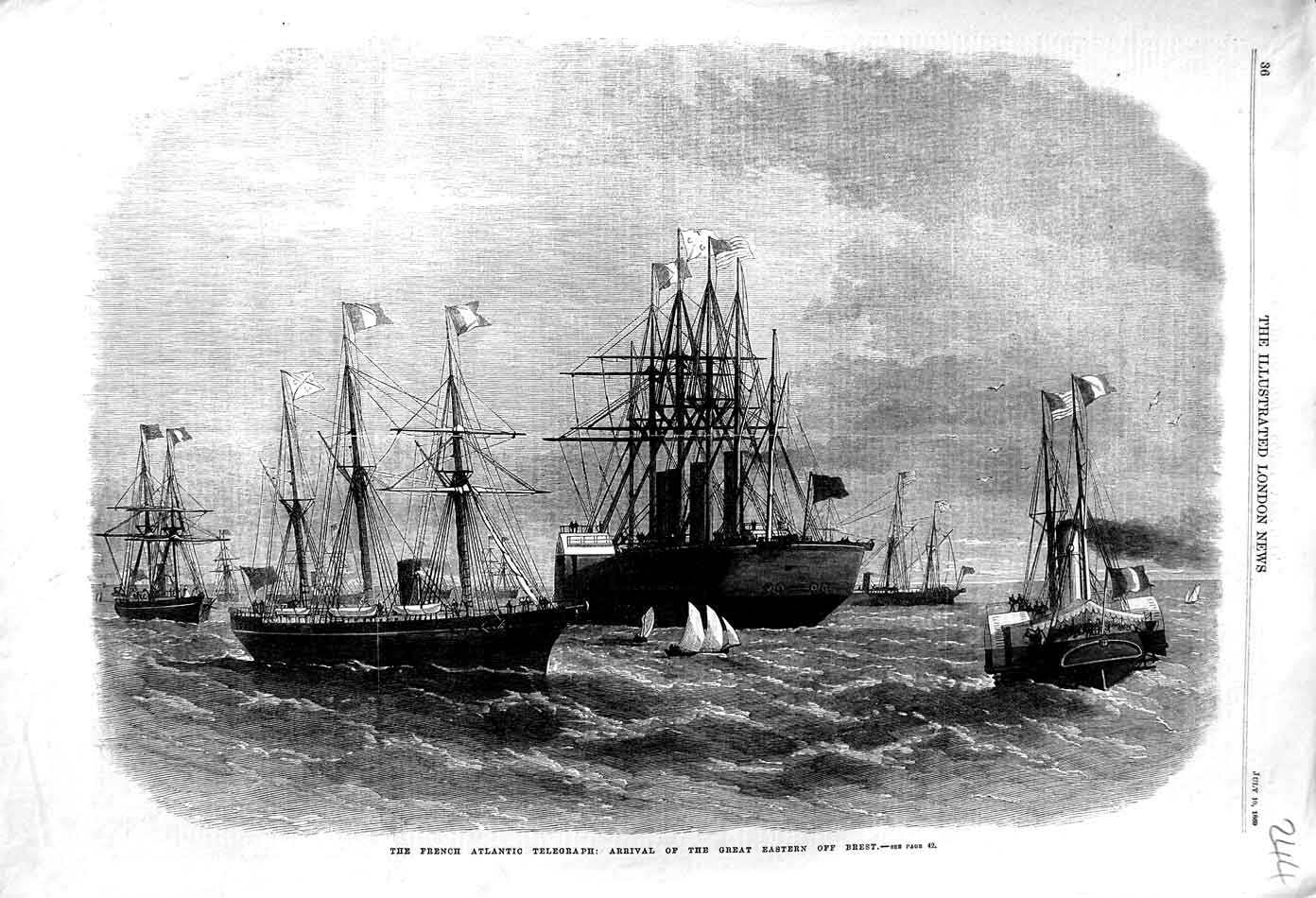 Old Antique Print 1869 French Atlantic Telegraph Ship Great Eastern Brest 19th