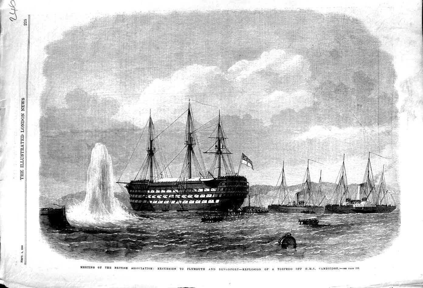 Original Old Antique Print 1869 Explosion Torpedo War Ship Cambridge Plymouth