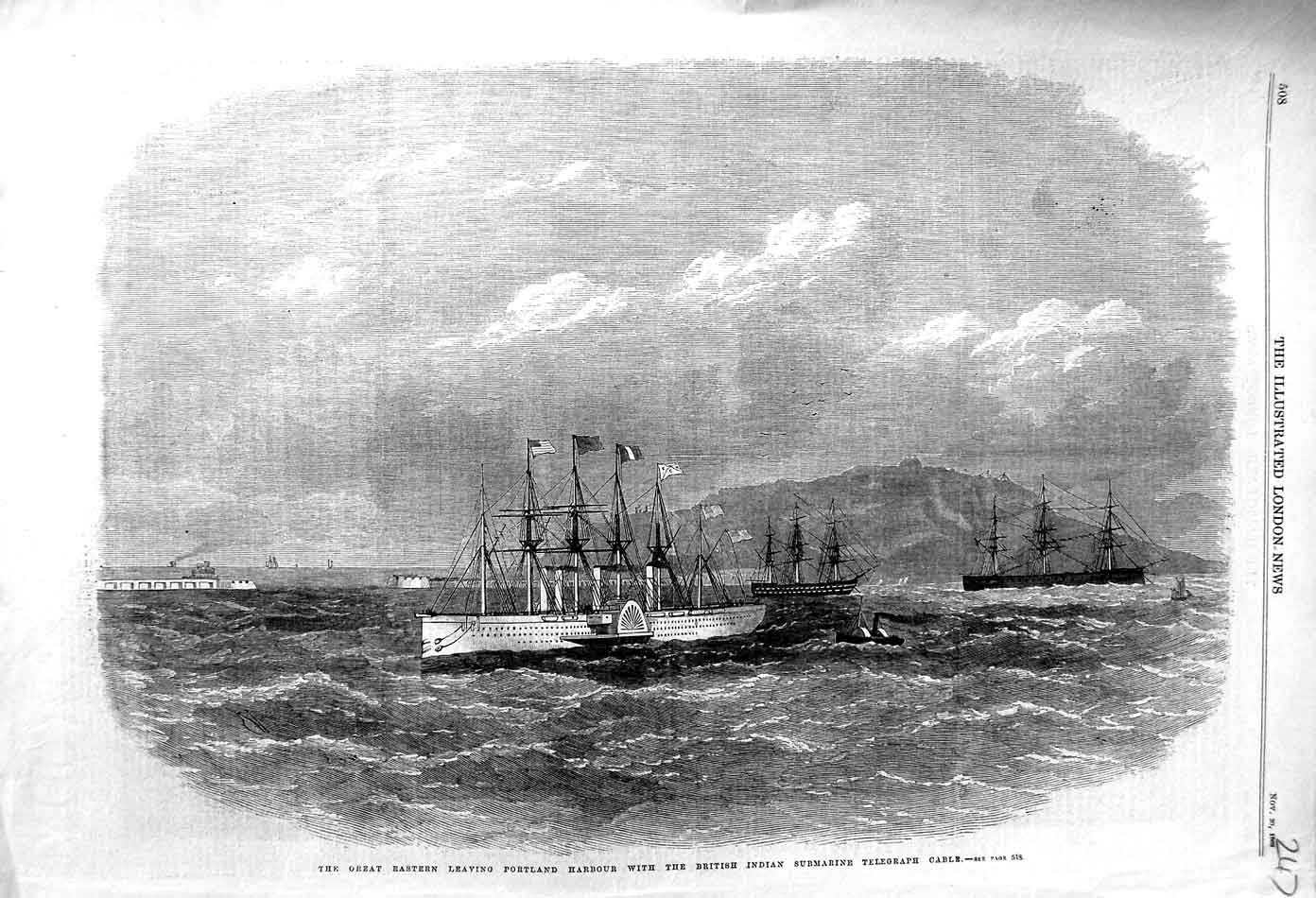 Original Old Antique Print 1869 Great Eastern Ship Portland Harbour Telegraph