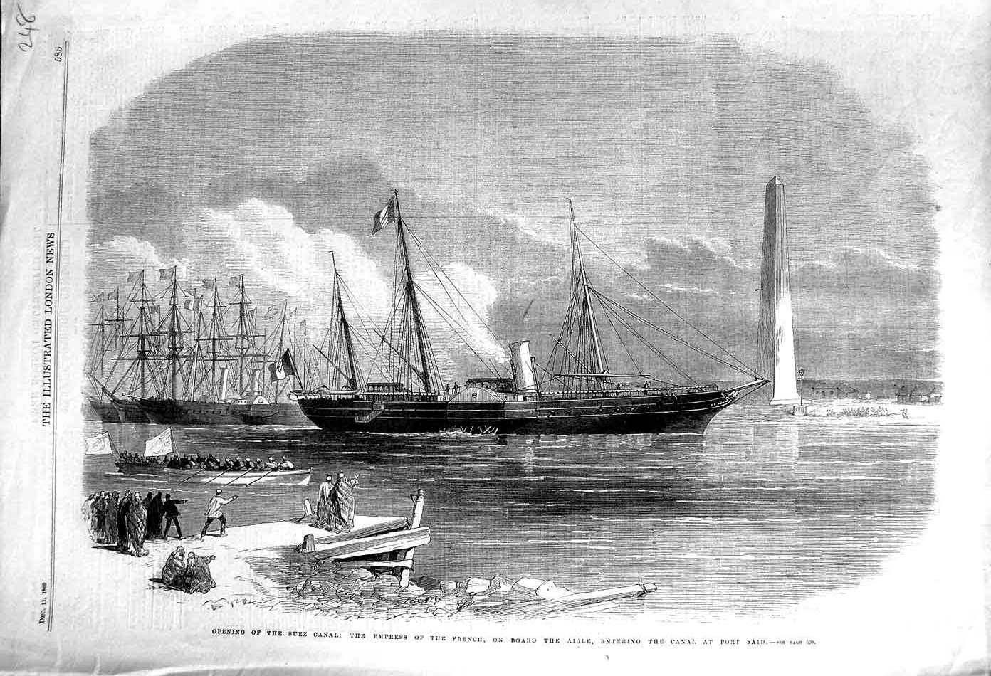 Original Old Antique Print 1869 Suez Canal Empress French Ship Aigle Port Said