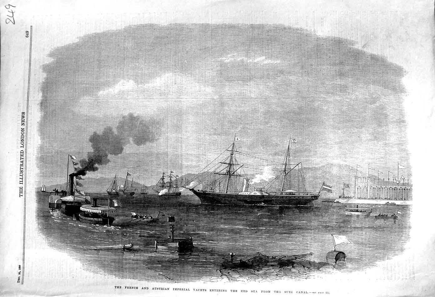 Antique Print *3125 1869 French Austrian Imperial Yachts Red Sea Suez Canal