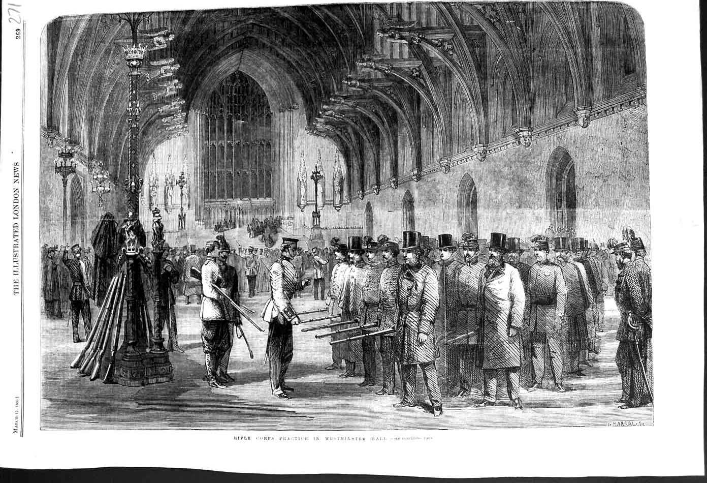 Original Old Antique Print 1860 Rifle Corps Practice Westminster Hall London