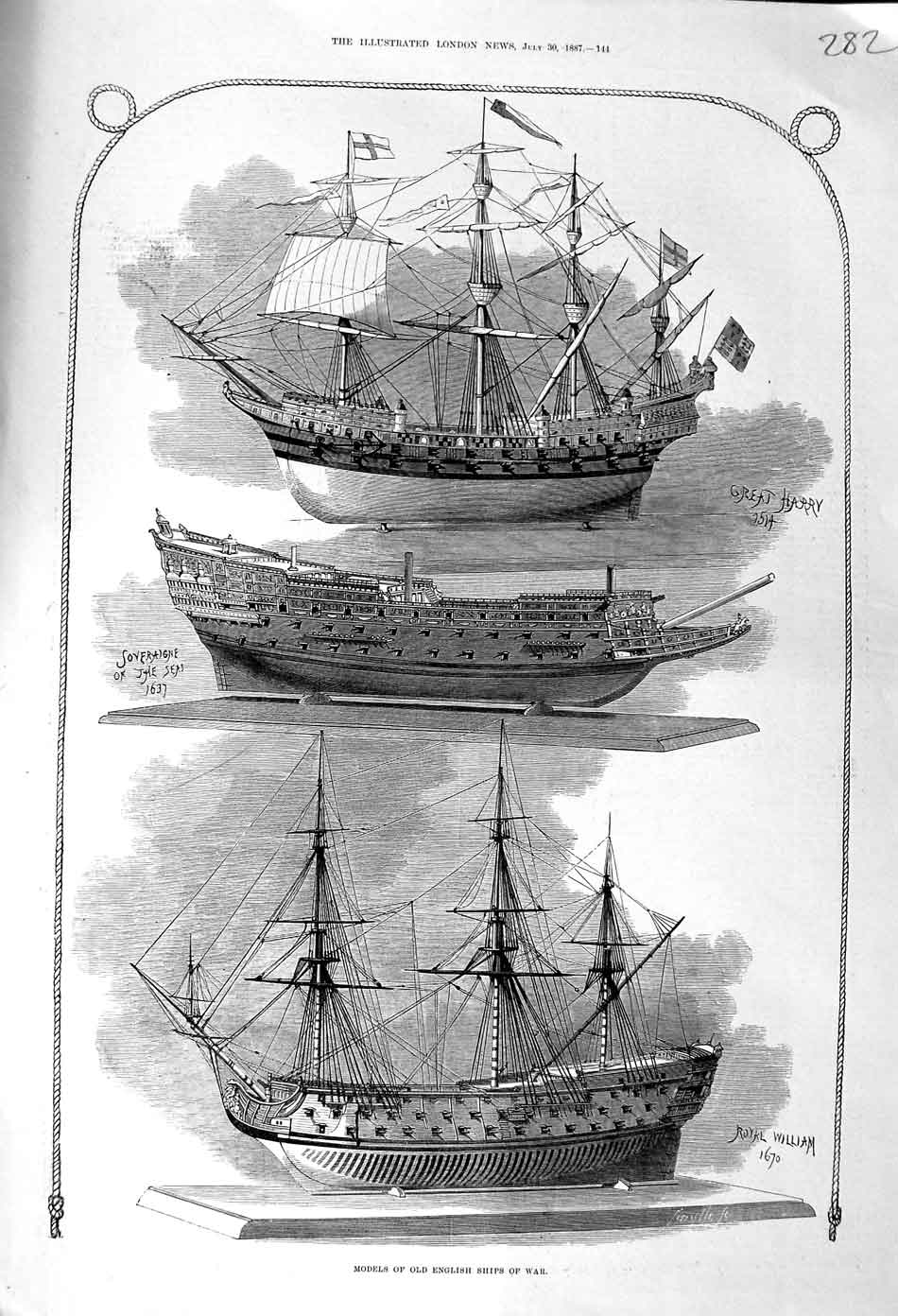 Old Antique Print 1887 Models English Ships War William Harry Soveraigne 19th