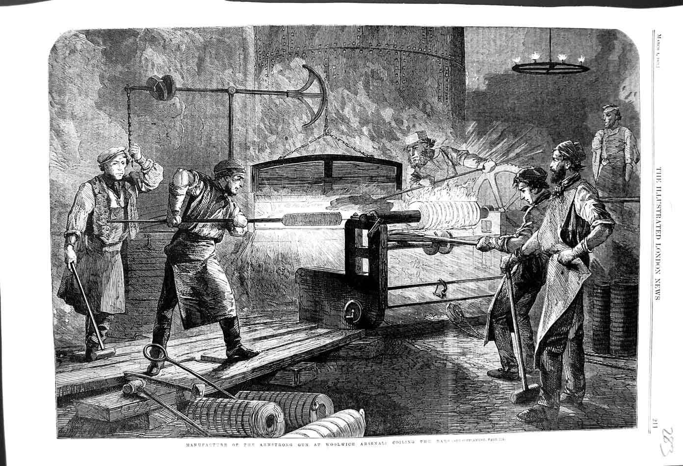 Original Old Antique Print 1862 Manufacture Armstrong Gun Woolwich Arsenal War