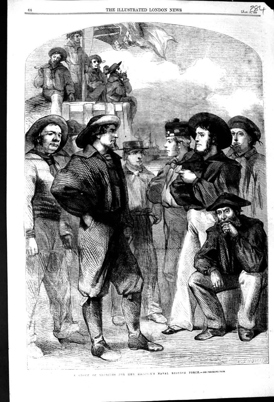 Old Antique Print 1860 Group Recruits Queen Naval Reserve Force War Men 19th