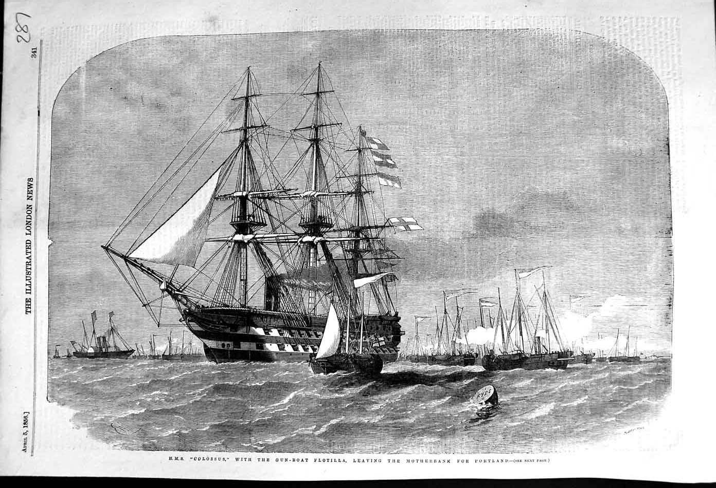 Old Antique Print 1856 War Ship H.M.S Colossus Gun-Boat Flotilla Portland 19th