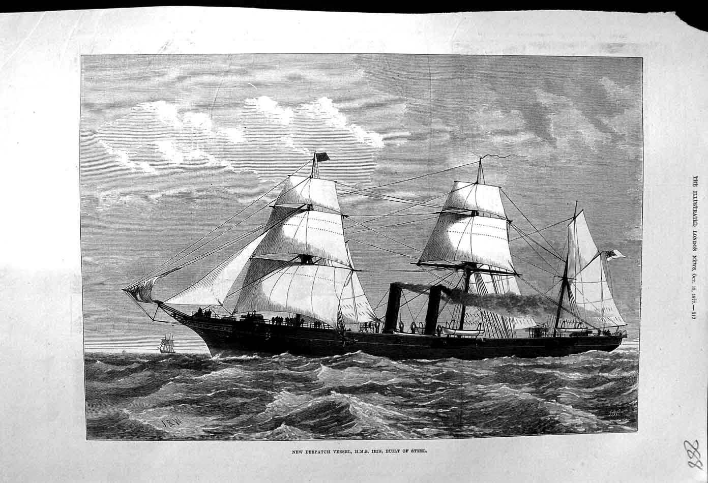 Original Old Antique Print 1877 New Dispatch Vessel H.M.S. Iris Steeel Ship