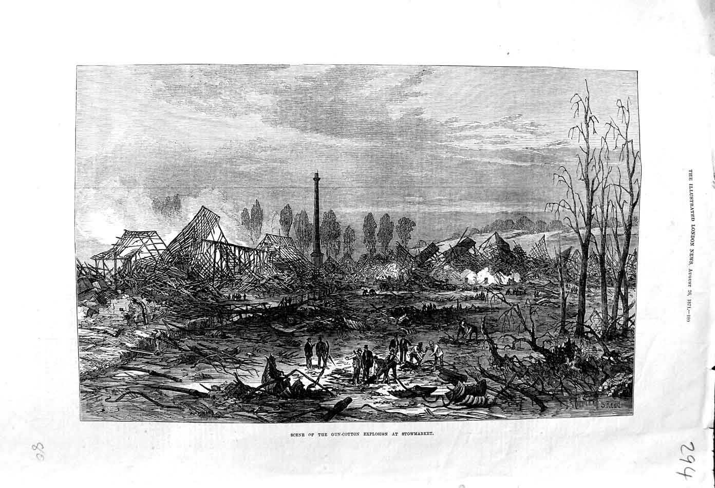 Original Old Antique Print 1871 Scene Gun Cotton Explosion Stowmarket Fine Art