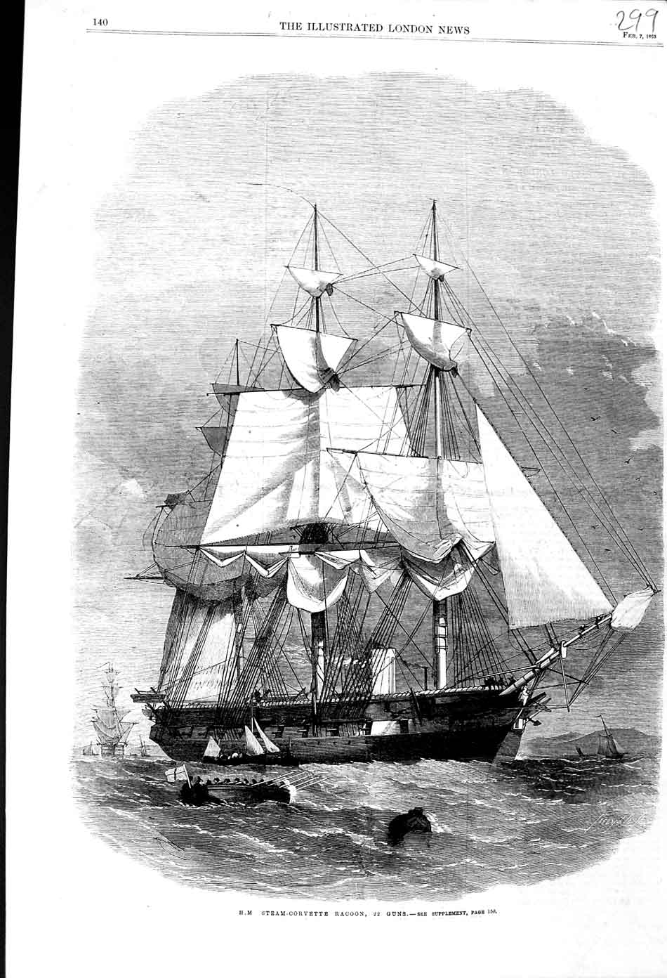 Original Old Antique Print 1863 War Ship H.M Steam Corvette Racoon 22 Guns 19th