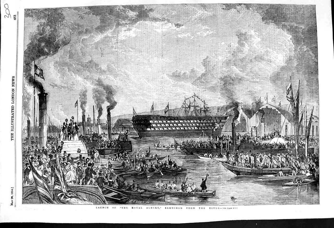 Original Old Antique Print 185 Launch Royal Albert War Ship River Thames Boats