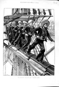 Original Old Antique Print 1889 Naval Review Sailors Manning Yards War Fine Art