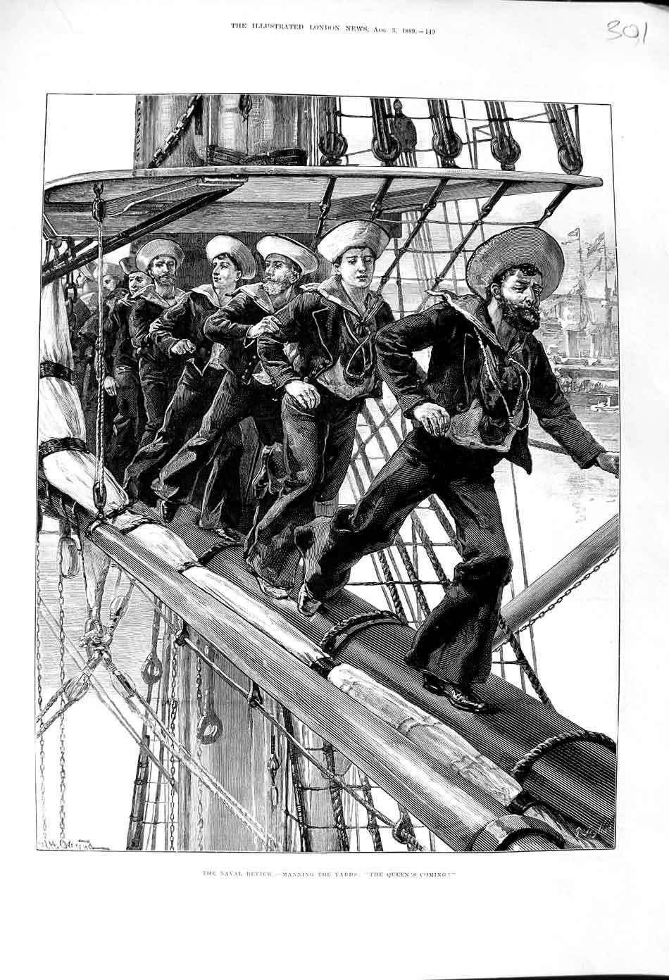 Original Old Antique Print 1889 Naval Review Sailors Manning Yards War Fine Art