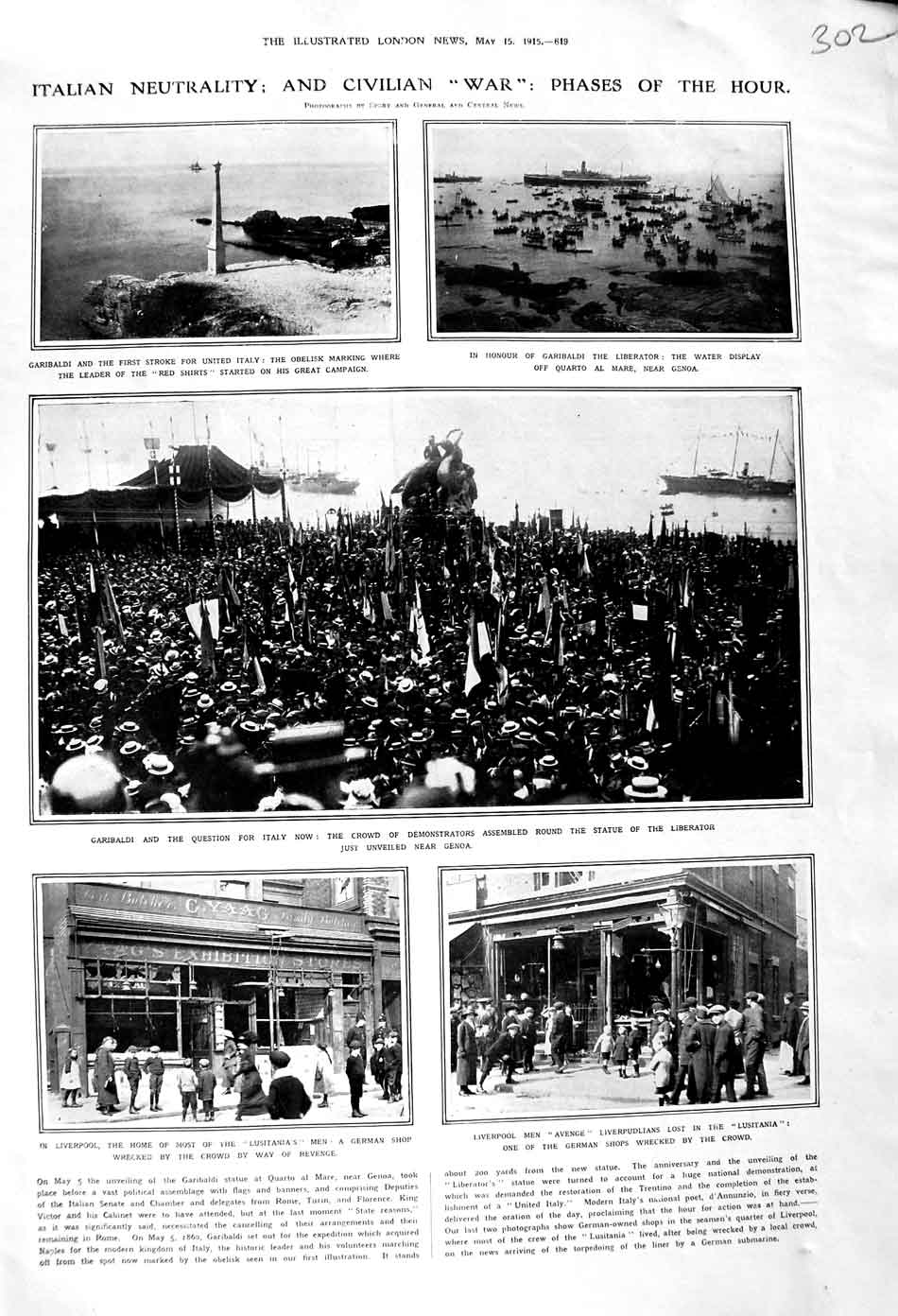 Old Antique Print 1915 War Garibaldi Italy Statue Genoa Lusitania Obelisk 20th