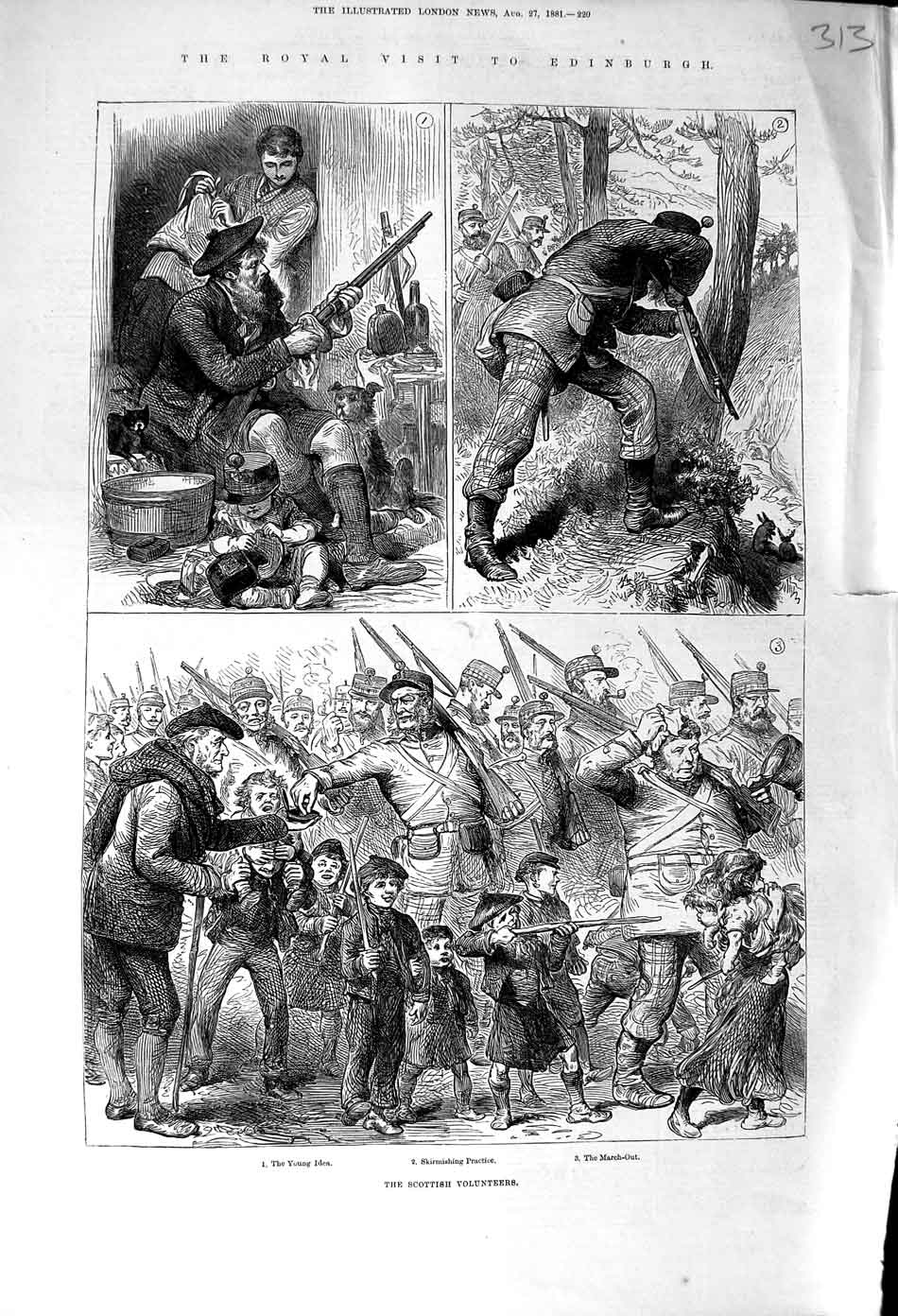 Original Old Antique Print 1881 Scottish Volunteers Siers Children Siers 19th
