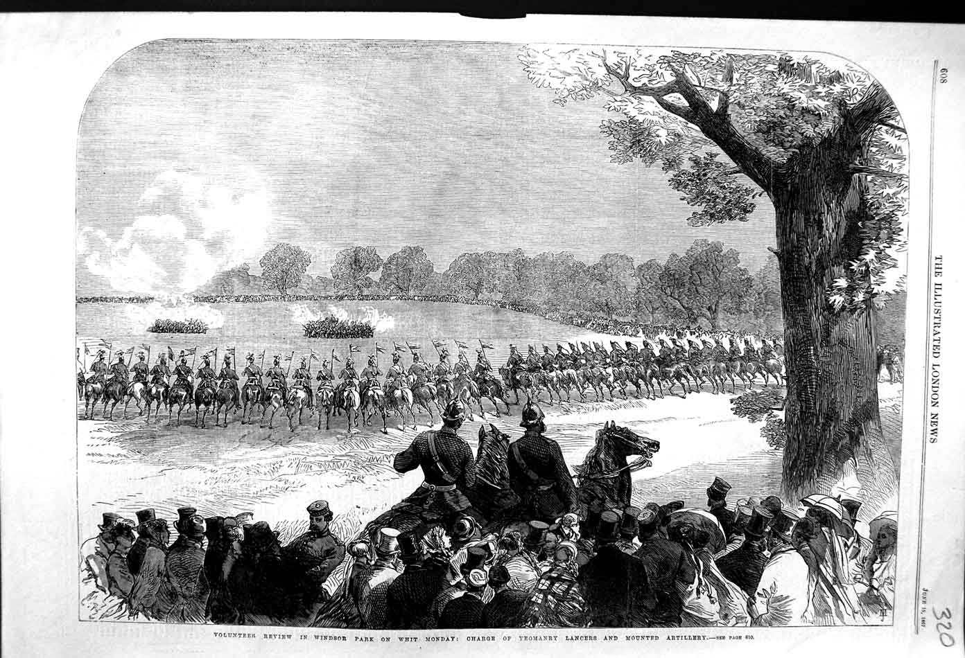 Original Old Antique Print 1867 Volunteer Review Windsor Whit Yeomanry Lancers