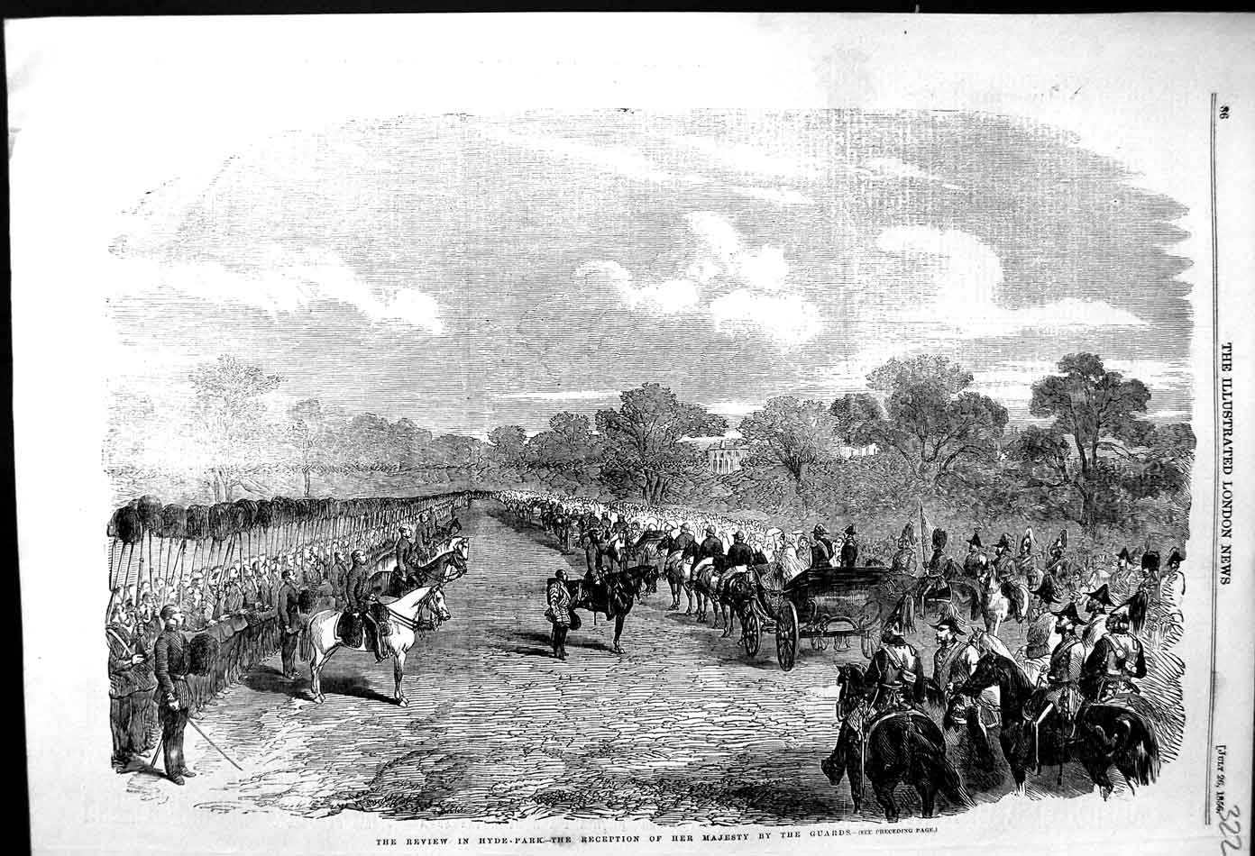 Original Old Antique Print 1856 Review Hyde Park Loondon Queen Guards Siers