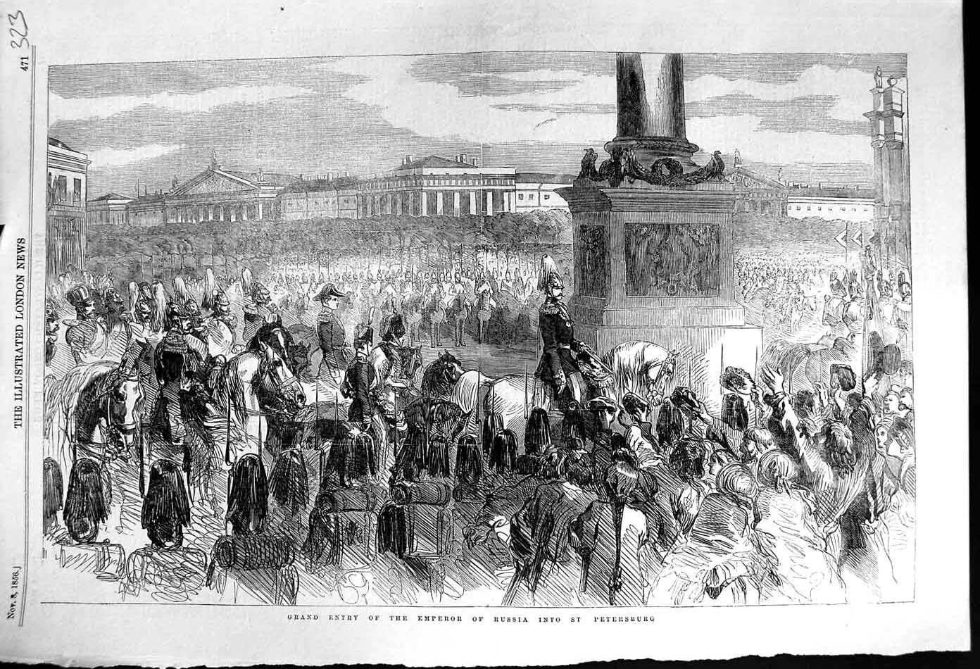 Original Old Antique Print 1856 Scene Entry Emperor Rusia St. Petersburg Siers