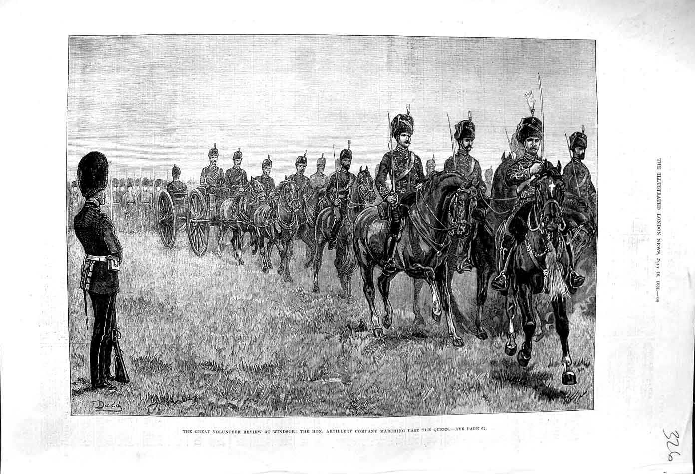 Original Old Antique Print 1881 Volunteer Review Windsor Artillery Siers Queen