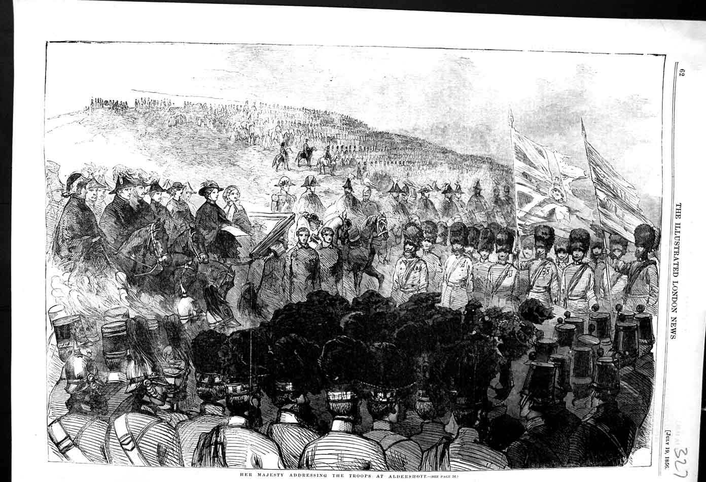 Original Old Antique Print 1856 Her Majesty Queen Siers Aldershott Horses 19th