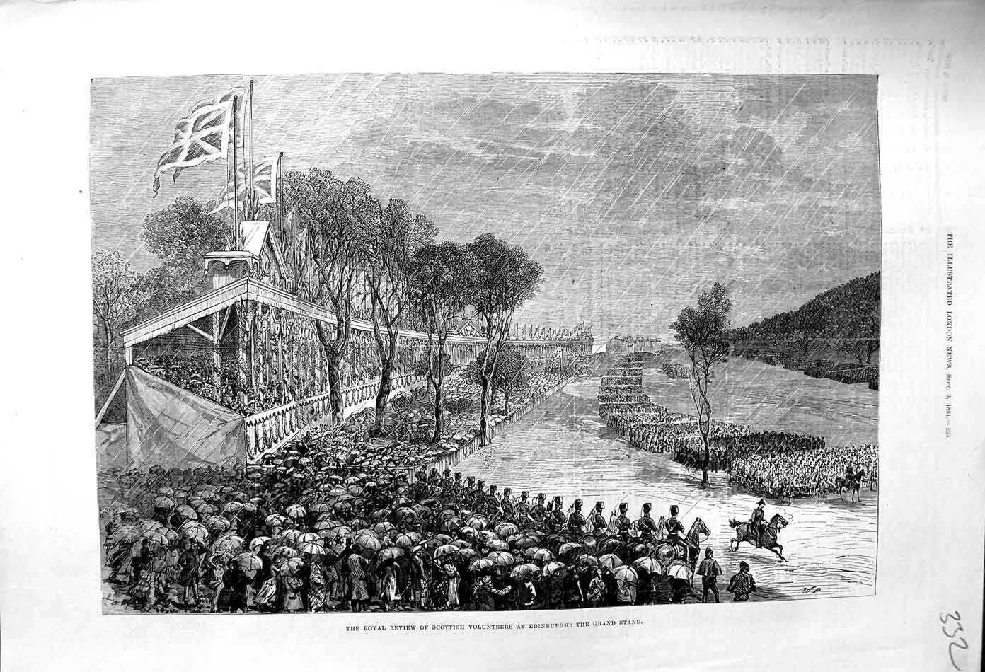 Original Old Antique Print 1881 Royal Review Scottish Volunteers Edinburgh War