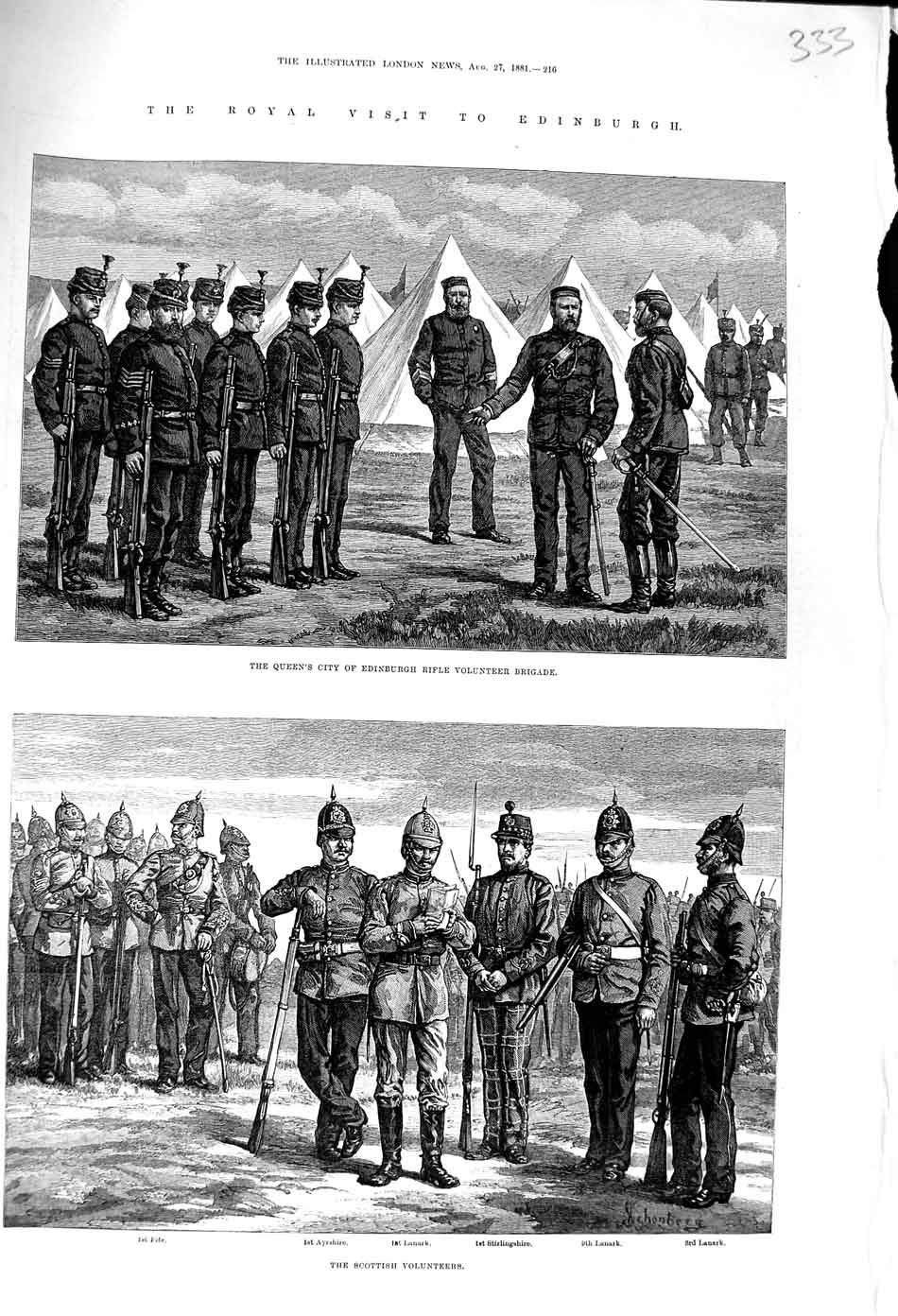 Original Old Antique Print 1881 Edinburgh Scottish Volunteers Siers Lanark Fife