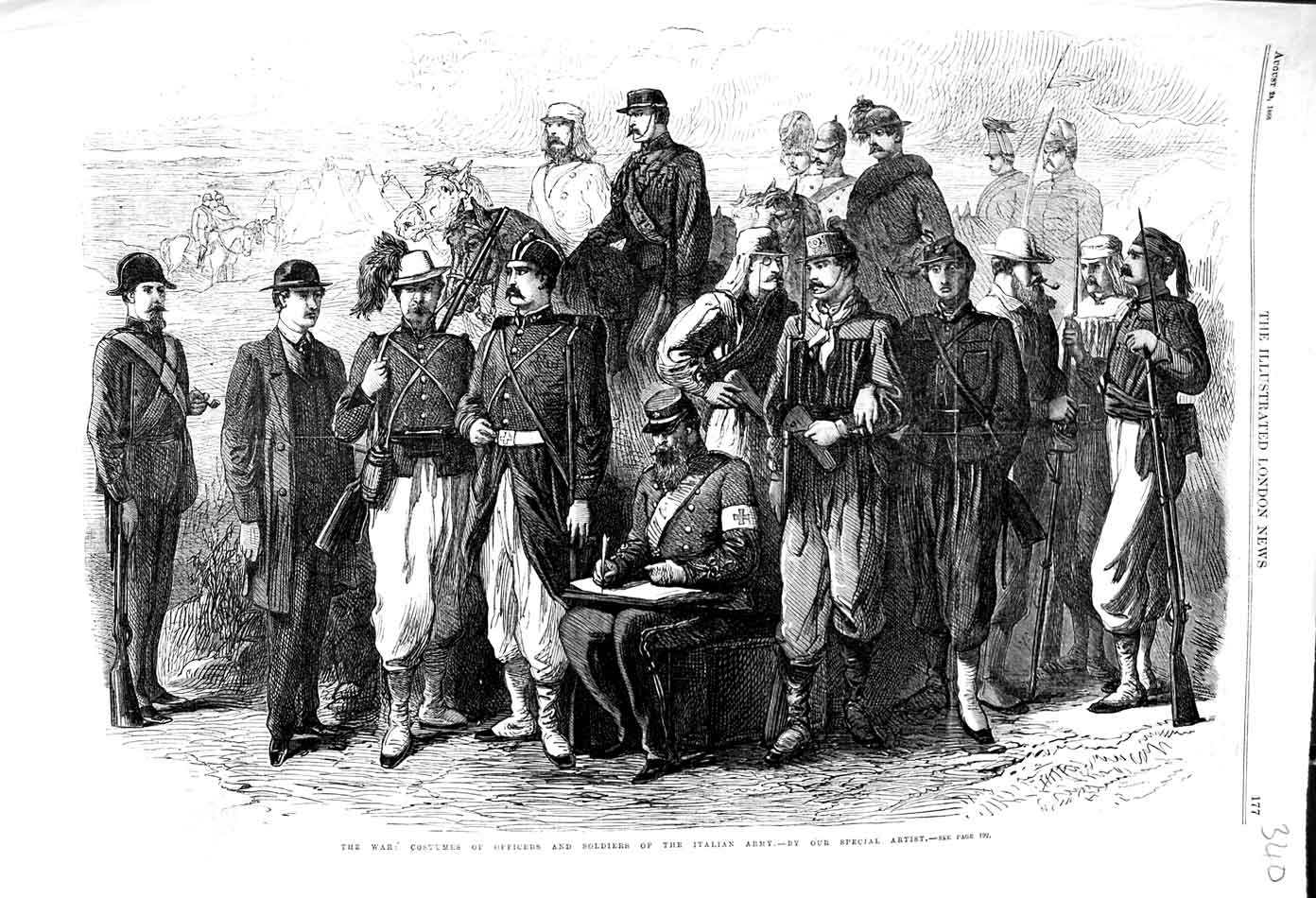 Original Old Antique Print 1866 War Costumes Offcers Siers Italian Army 19th