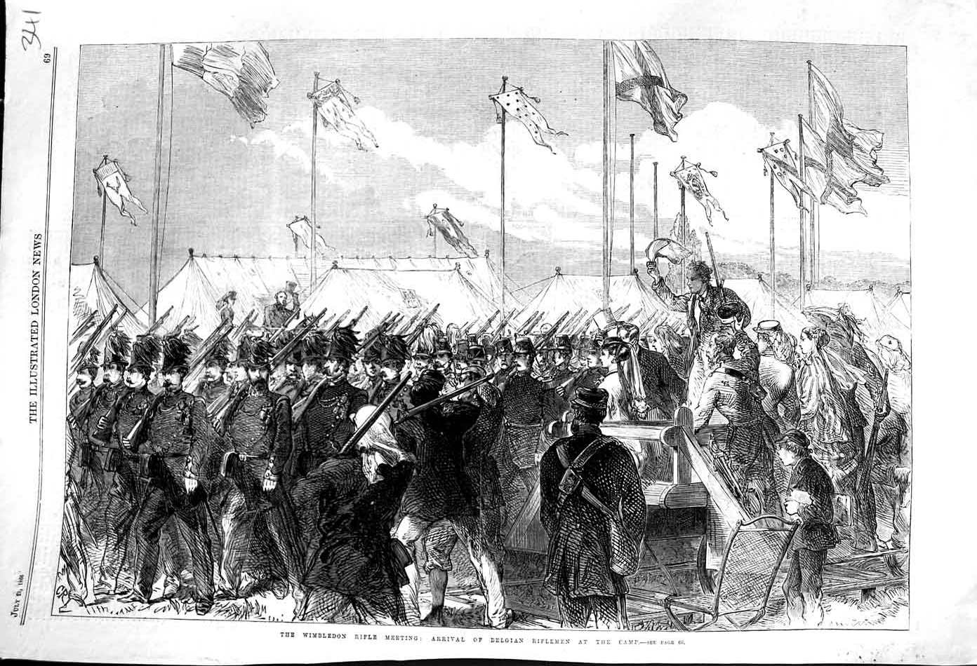 Original Old Antique Print 1866 Wimbledon Rifle Meeting Belgian Riflemen Camp