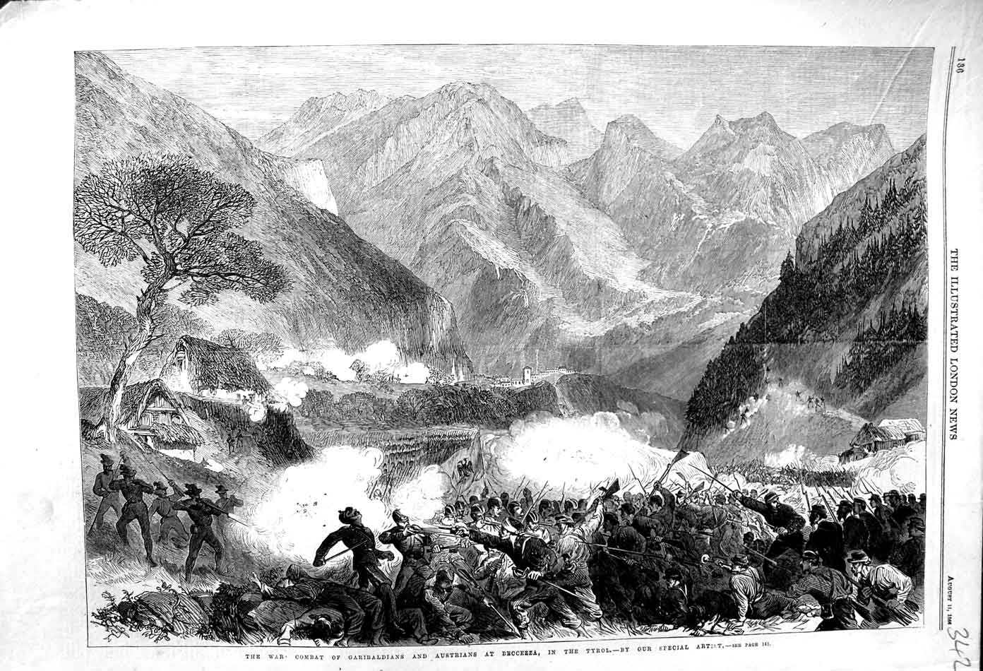 Antique Old Print *3124 1866 War Combat Garibaldians Austrians Beccezza Tyrol