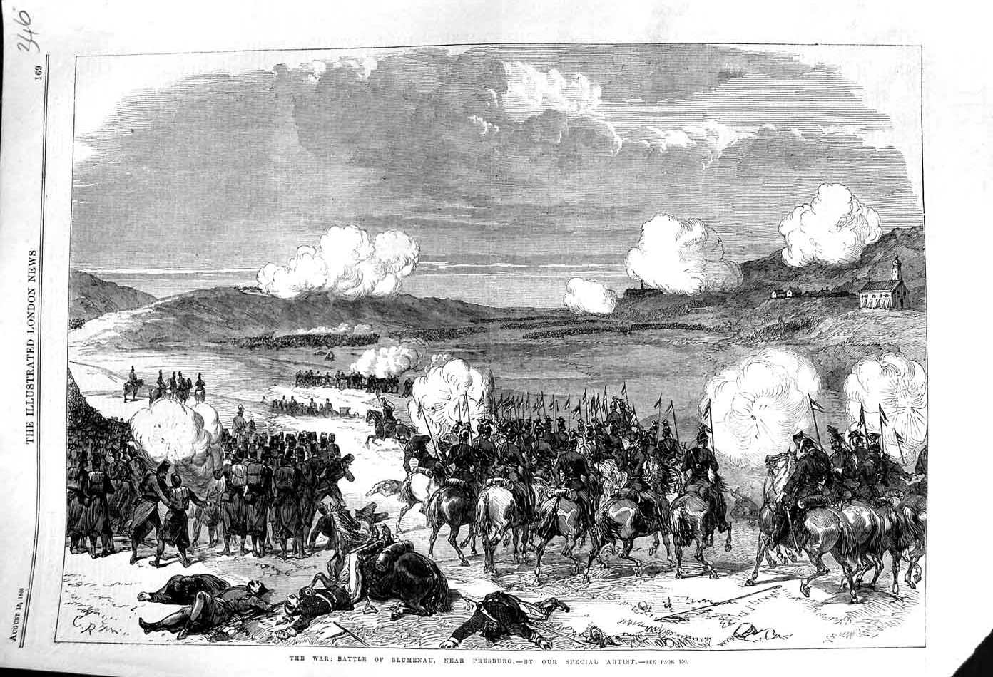 Original Old Antique Print 1866 War Battle Blumenau Presburg Siers Horses 19th