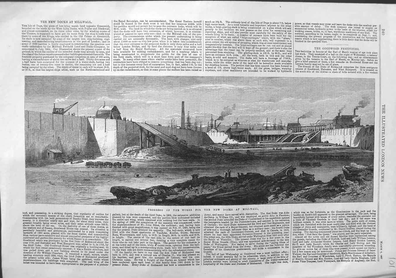Original Old Antique Print 1867 Progress Works New Docks Millwall Fine Art 19th