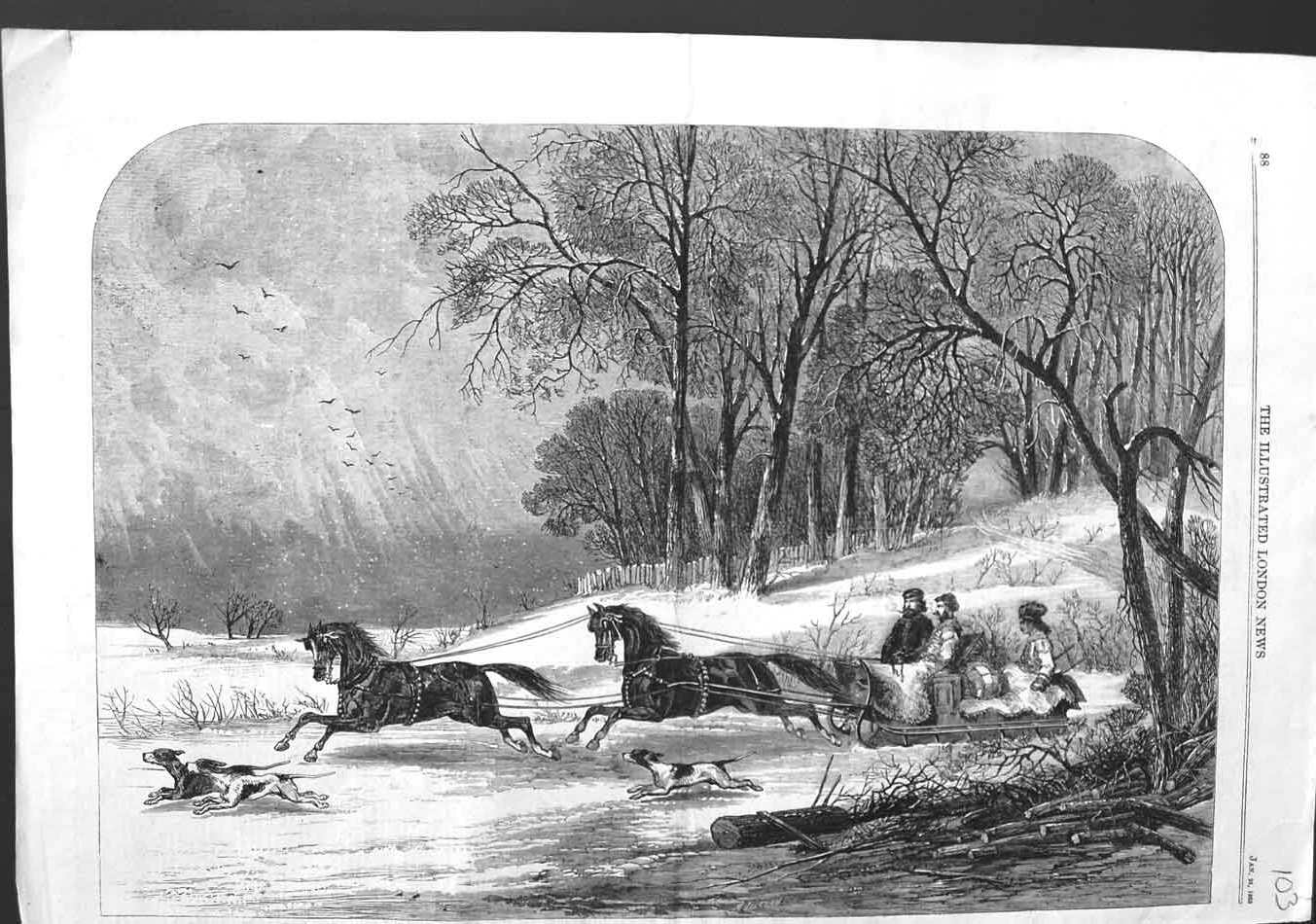 Original Old Antique Print 1863 Caribou Hunting New Brunswick Canada Horses
