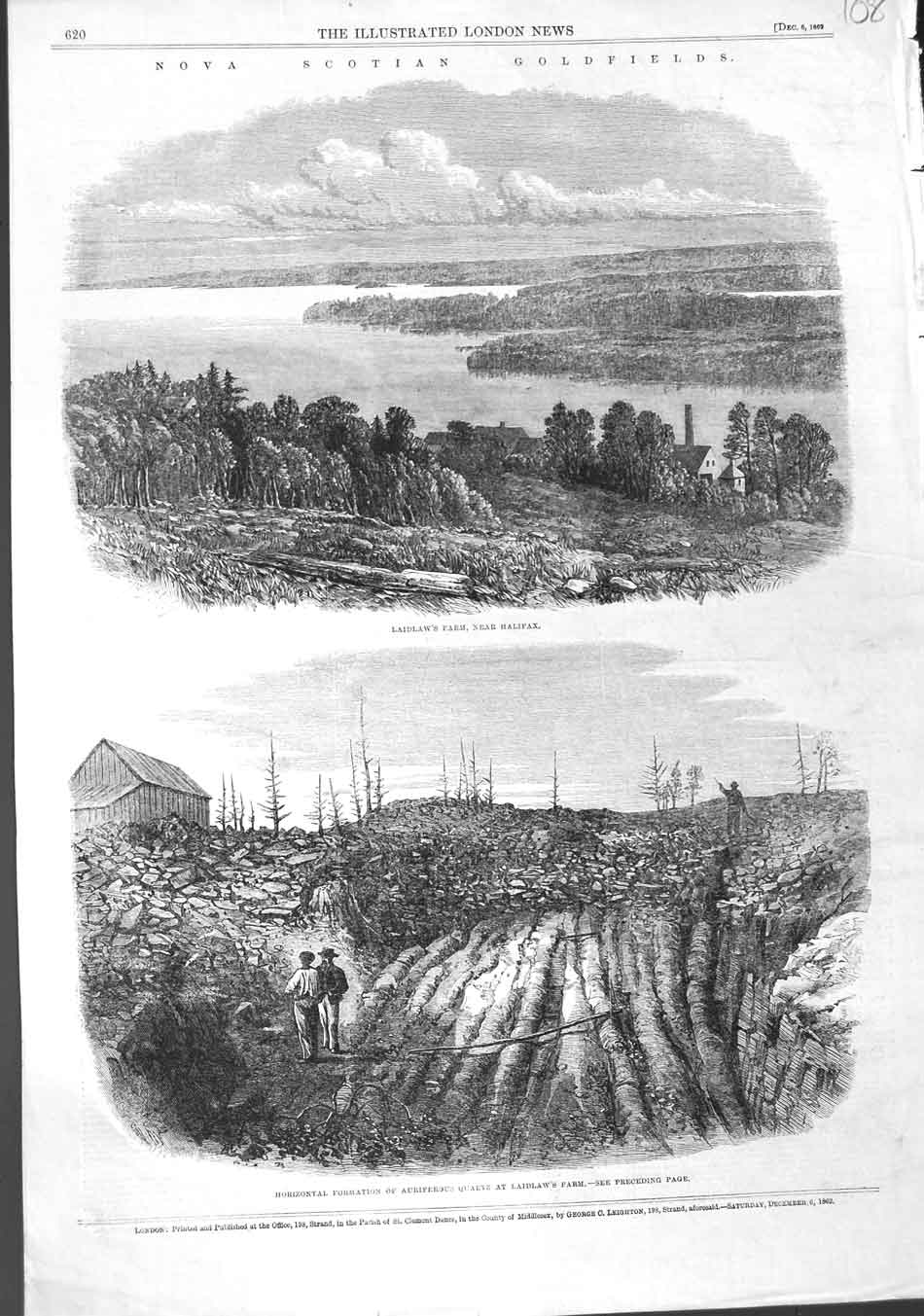 Old Antique Print 1862 Nova Scotia Minefields Laidlaw Farm Halifax Quartz 19th