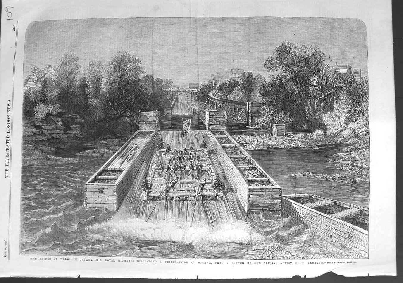 Antique Old Print *3139 1860 Prince Wales Canada Timber-Slide Ottawa River