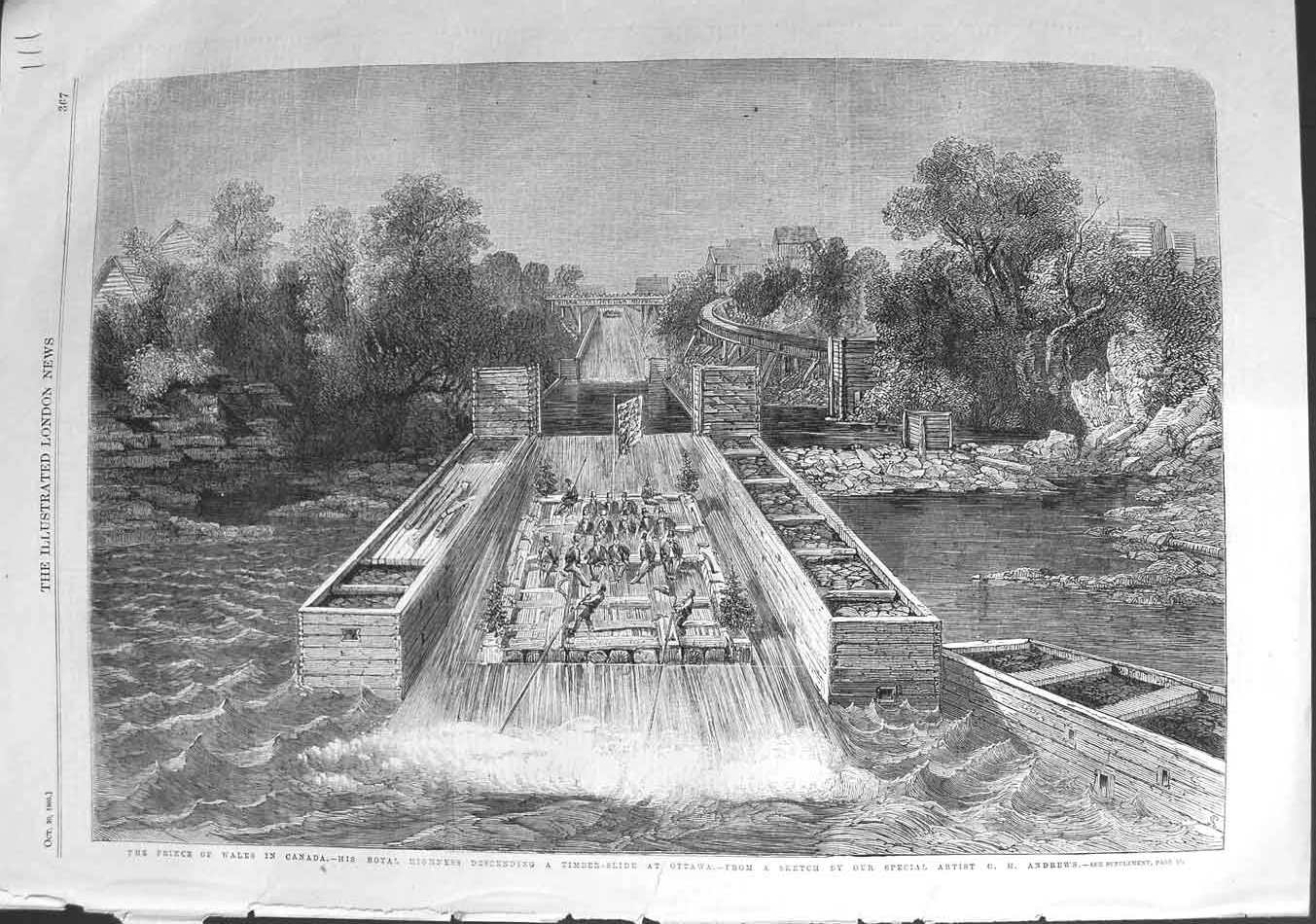 Original Old Antique Print 1860 Prince Wales Canada Timber-Slide Ottawa River
