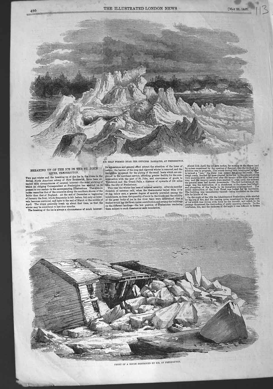 Old Antique Print 1857 Ice Officers Barracks Fredericton Destroyed House 19th