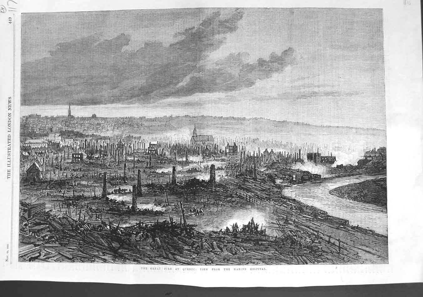 Original Old Antique Print 1866 Great Fire Quebec Canada View Marine Hospital