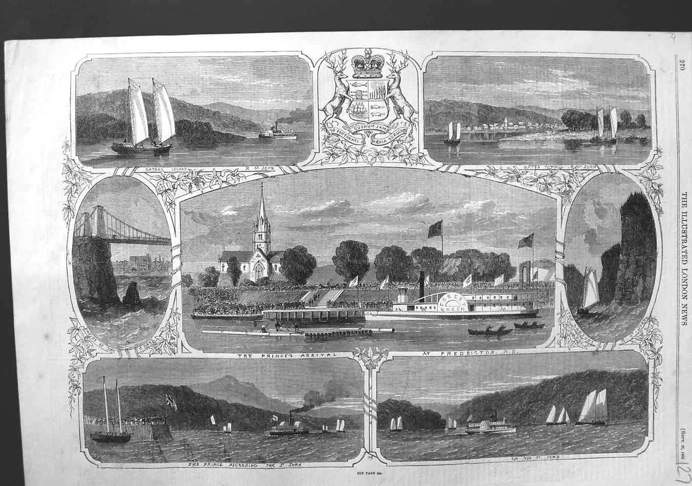 Original Old Antique Print 1860 Prince Wales Fredrigton St. John Rapids Boats