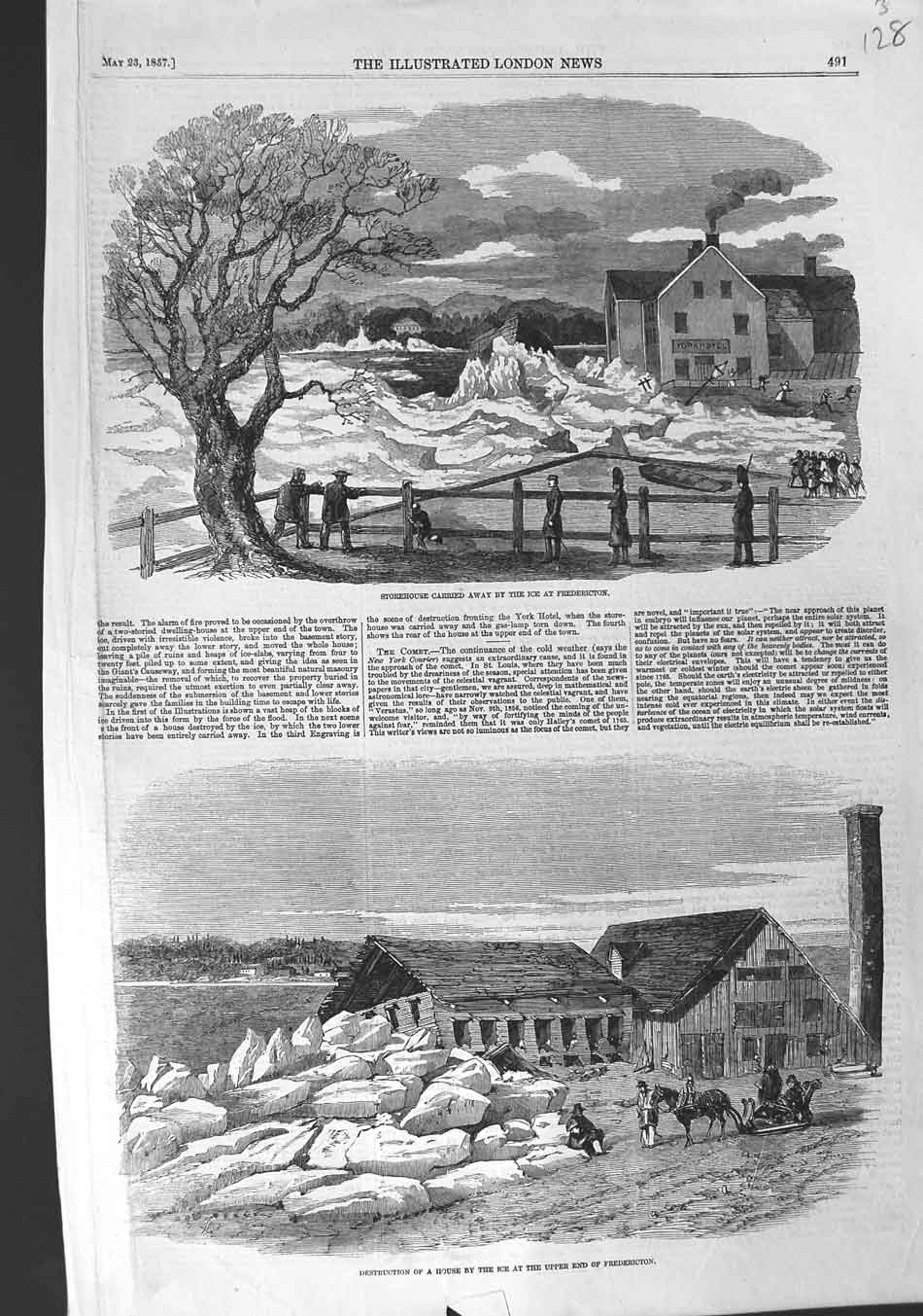 Original Old Antique Print 1857 Storehouse Ice Fredericton Destruction House