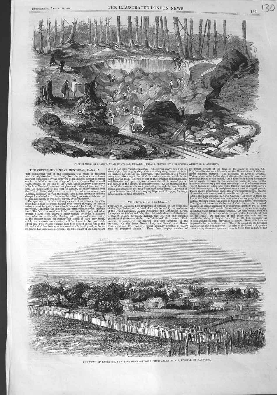Original Old Antique Print 1860 Copper Mine Quarry Montreal Canada Bathurst