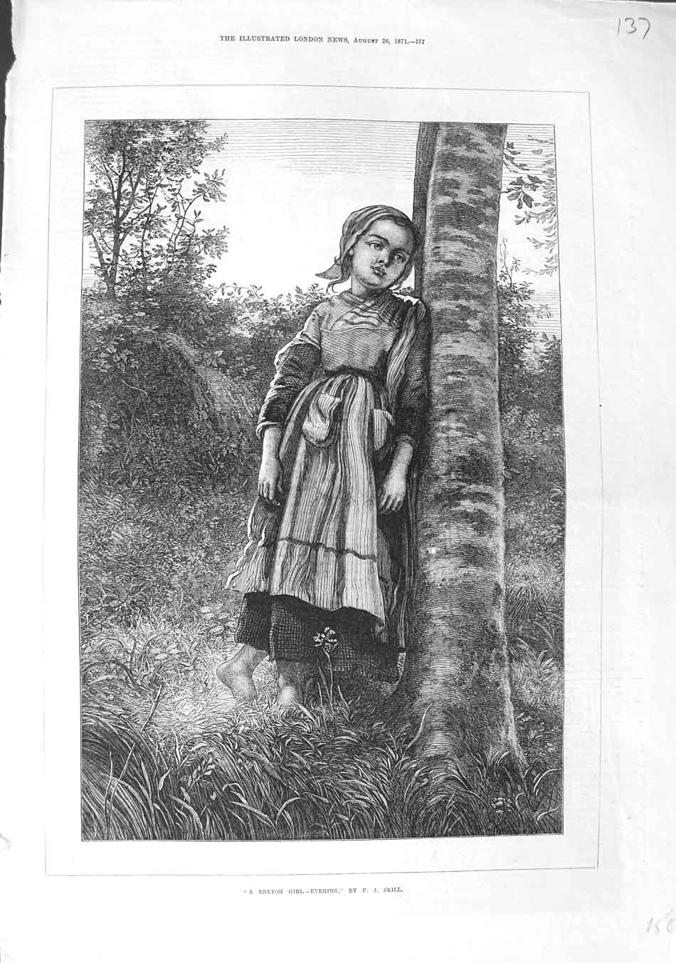 Original Old Antique Print 1871 Fine Art Breton Girl Country Trees Victorian